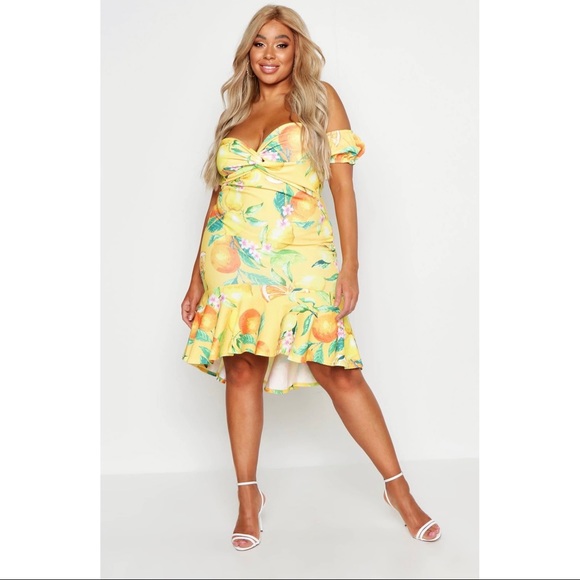 NWT Boohoo Lemon Printed Bardot Ruffle Midi Dress Size 16 - Picture 3 of 4
